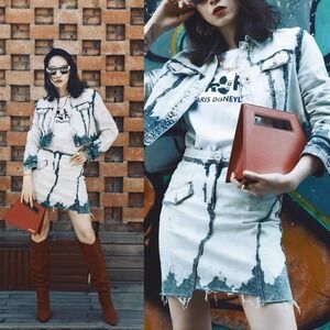 NWT Vivienne Tam Distressed Bleach Wash Denim Jacket & Skirt Set Cropped Sz‎ S